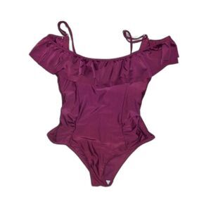 Burgundy Maroon Off Shoulder Ruffled One Piece Padded Adjustable Swimsuit Large